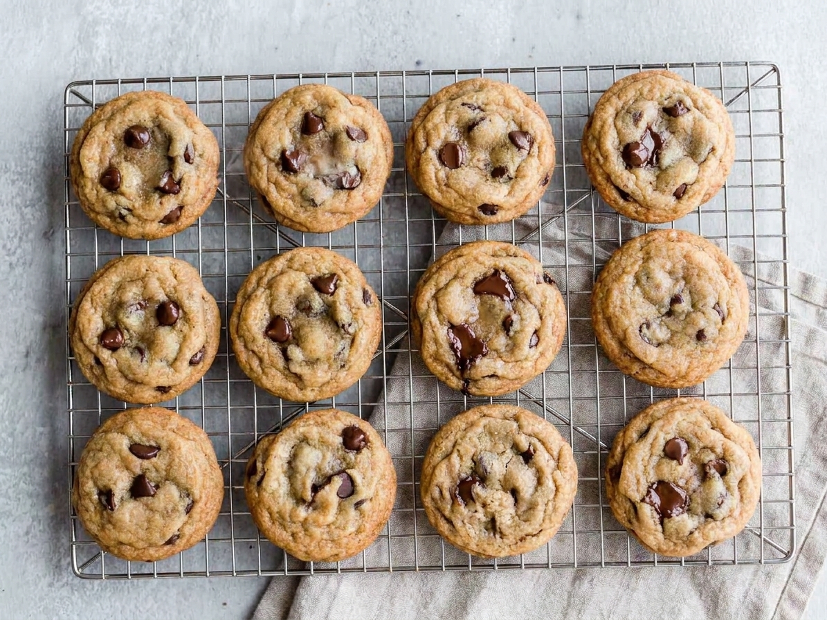 Freshly baked chocolate chip cookies cooling on a wire rack with glossy melted chocolate chips and golden brown edges