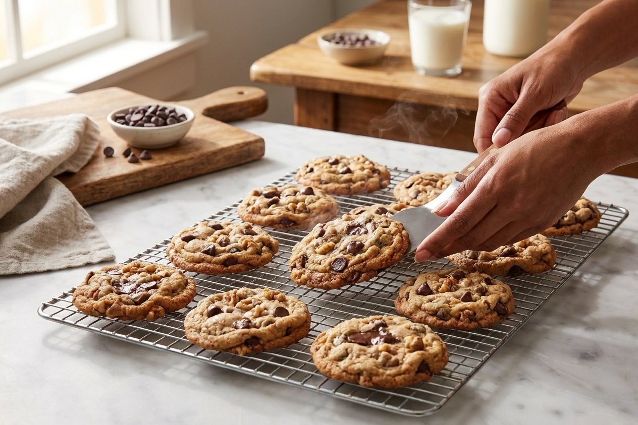 Freshly baked chocolate chip cookies cooling on a wire rack in a cozy kitchen