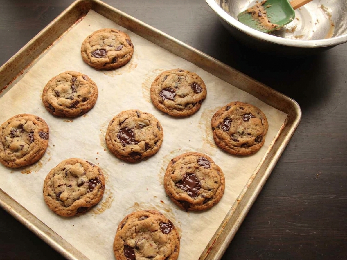 Freshly baked chocolate chip cookies cooling on a parchment-lined baking sheet with browned edges and melted chocolate pools