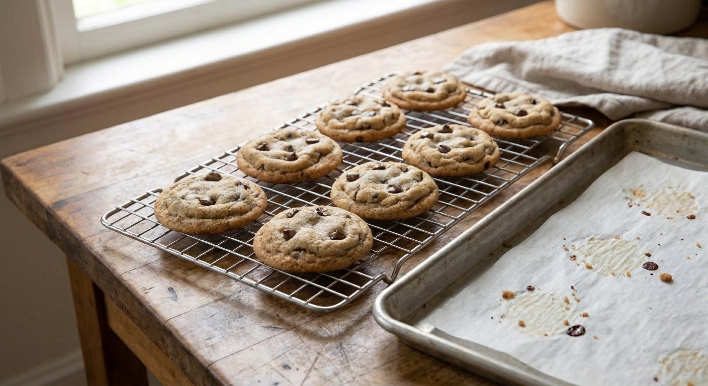 Freshly baked chocolate chip cookies cooling on a wire rack on a kitchen counter with parchment-lined baking sheet nearby