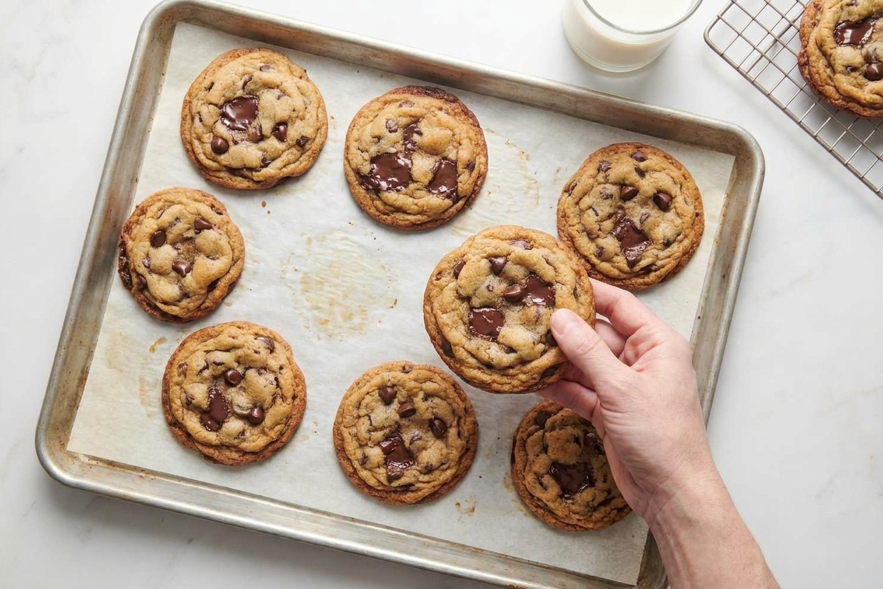 Freshly baked chocolate chip cookies on a parchment lined baking sheet with golden edges and melted chocolate pools