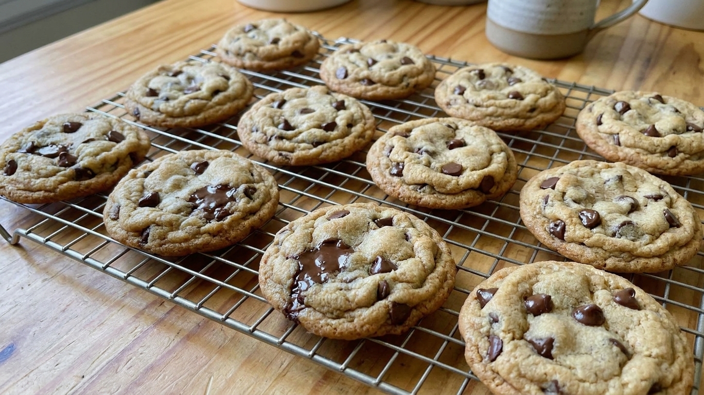 Freshly baked chocolate chip cookies resting on a wire cooling rack with a few melted chocolate chips visible, set on a bright home kitchen counter