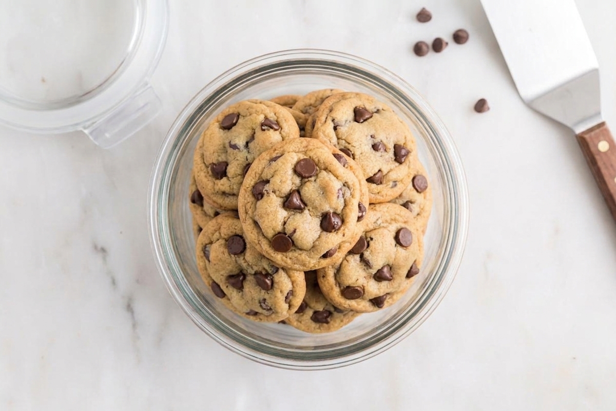 Freshly baked chocolate chip cookies stacked inside a clear airtight container on a kitchen counter with a snug lid