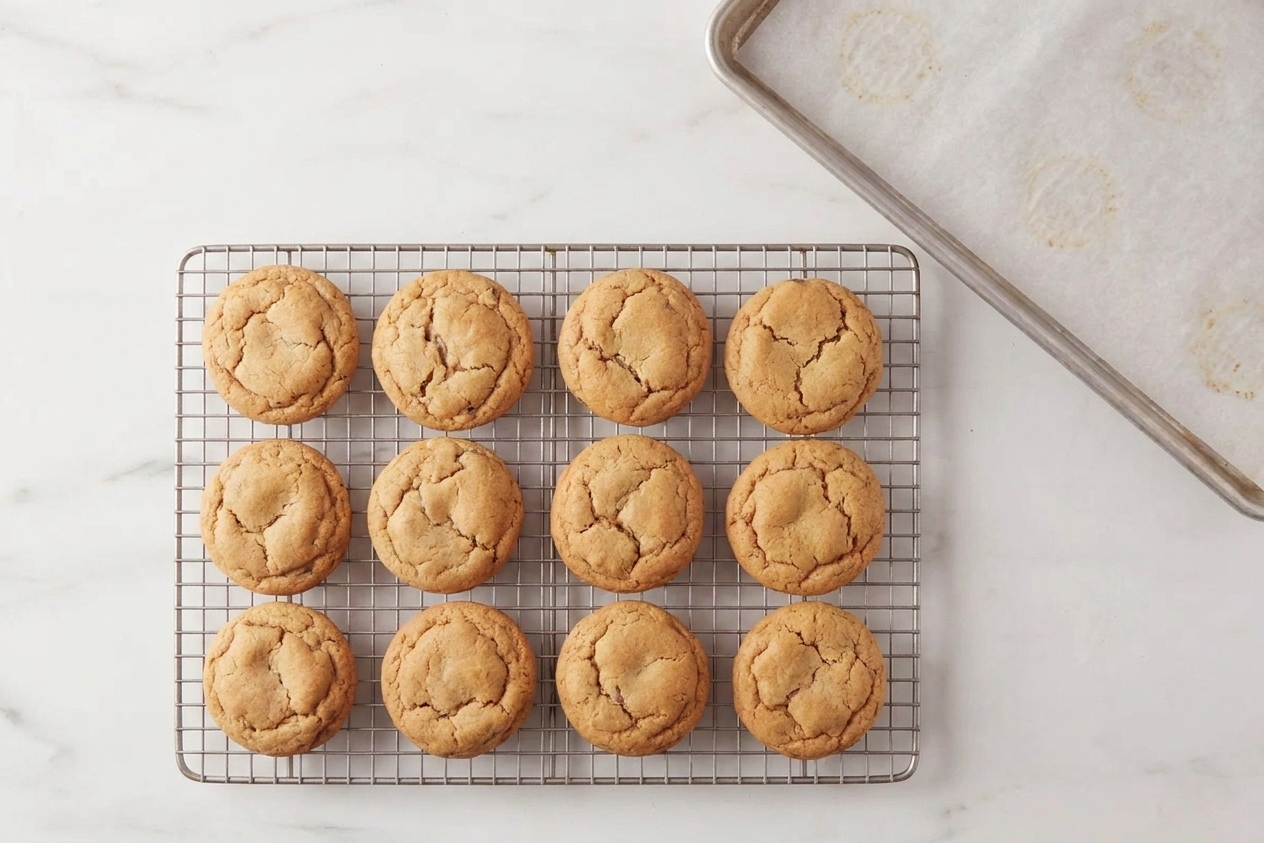Freshly baked chocolate chipless cookies cooling on a wire rack with a baking sheet nearby