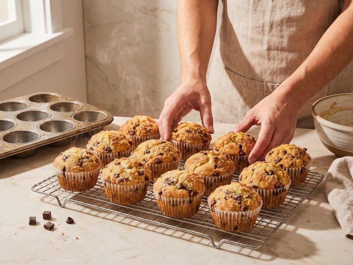 Freshly baked chocolate chunk muffins cooling on a wire rack on a kitchen counter