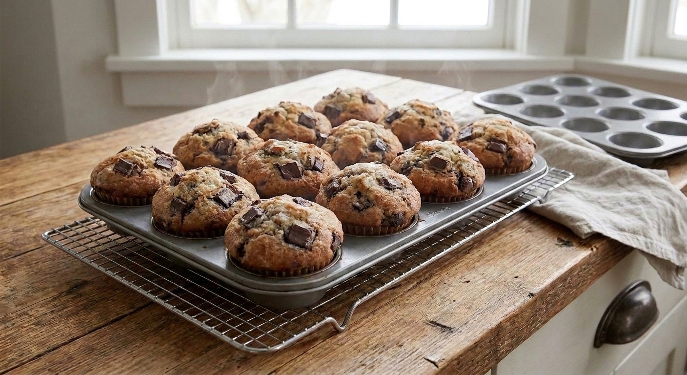 Freshly baked chocolate chunk muffins cooling on a wire rack on a bright kitchen counter with a muffin tin nearby