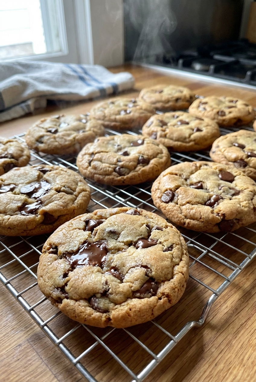 Freshly baked chocolate cookies cooling on a wire rack with chocolate chips visible on top