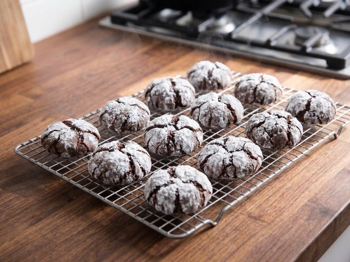 Freshly baked chocolate crinkle cookies cooling on a wire rack with powdered sugar cracks visible