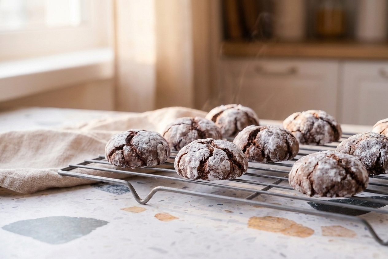 Freshly baked chocolate crinkle cookies cooling on a wire rack with powdered sugar cracks visible in soft kitchen light