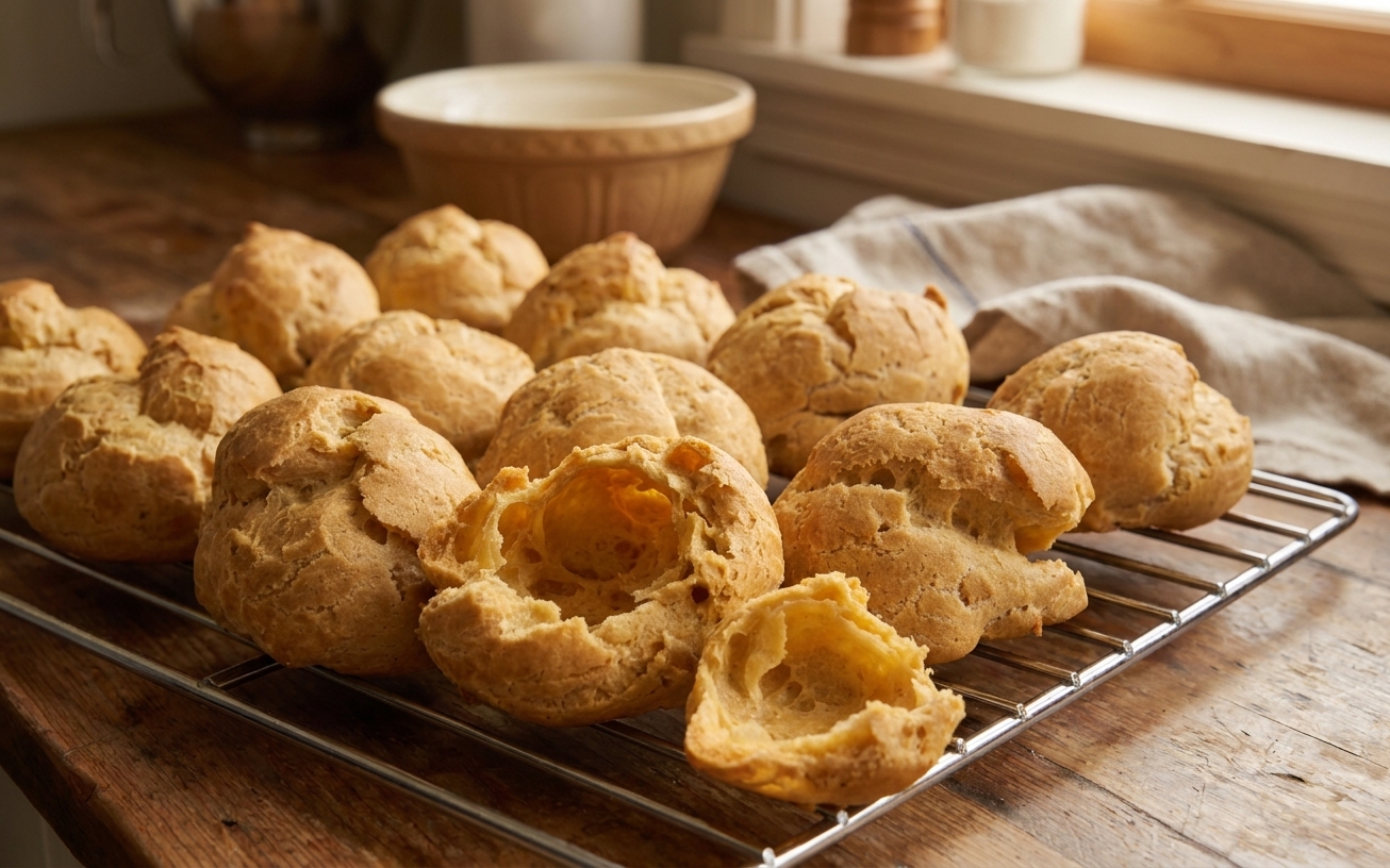 Freshly baked choux pastry shells cooling on a wire rack, golden brown with crisp, cracked tops