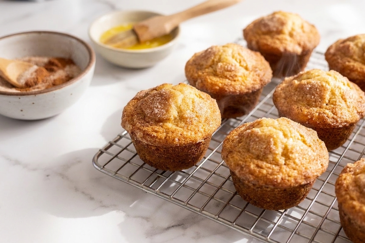 Freshly baked cinnamon muffins cooling on a wire rack with golden domed tops