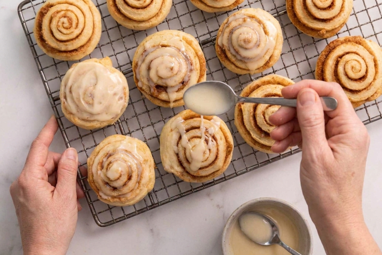 Freshly baked cinnamon roll cookies cooling on a wire rack while vanilla glaze is drizzled over the top
