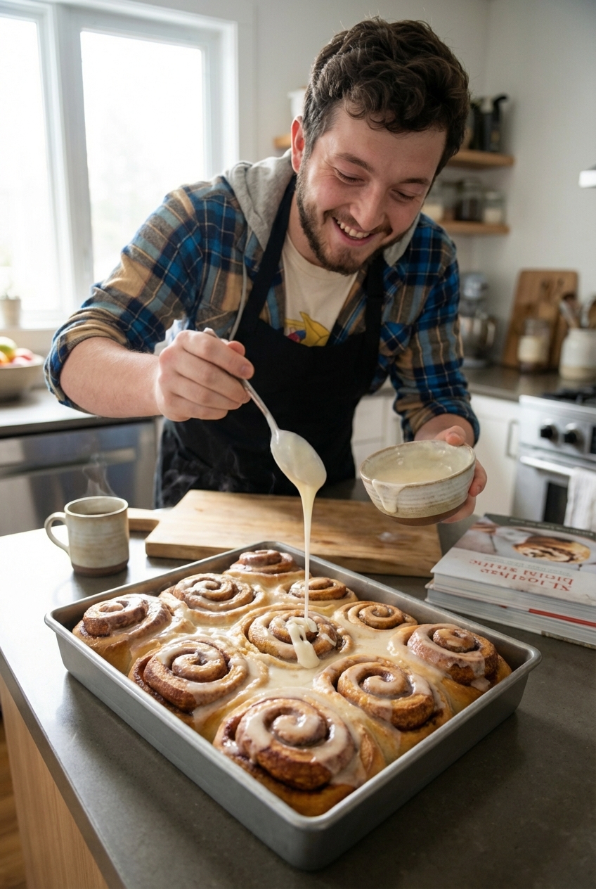 Freshly baked cinnamon rolls in a baking dish being drizzled with vanilla icing while still warm