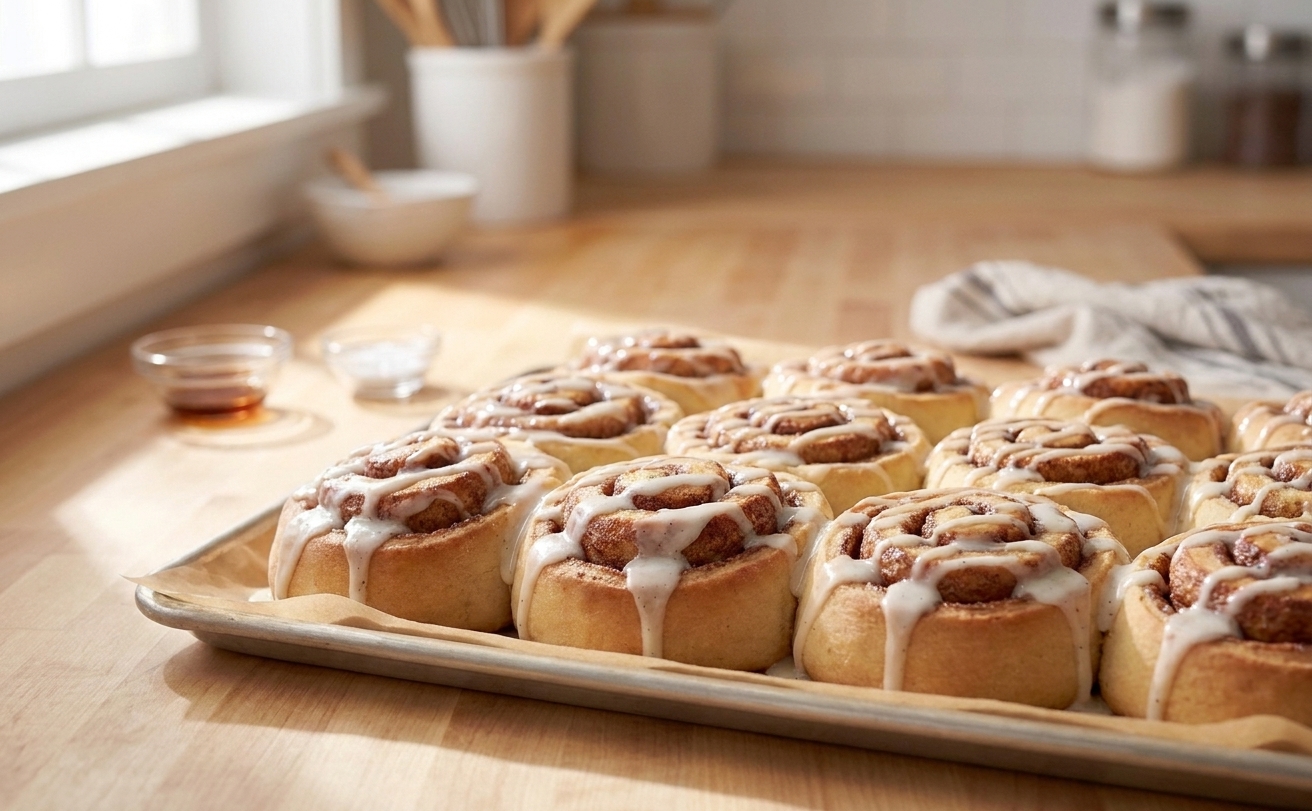 Freshly baked cinnamon rolls on a parchment-lined tray with powdered sugar icing drizzled over the top