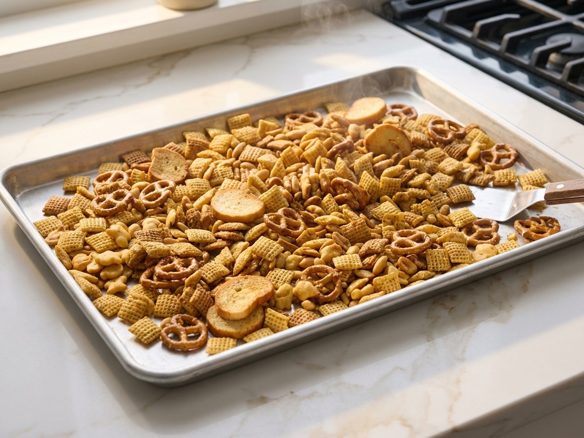 Freshly baked classic Chex Mix spread out on a baking sheet cooling on a kitchen counter under warm light