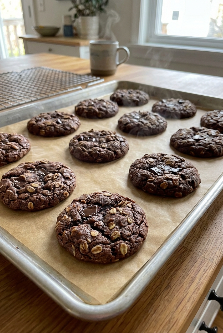 Freshly baked cocoa oat cookies cooling on a parchment-lined baking sheet