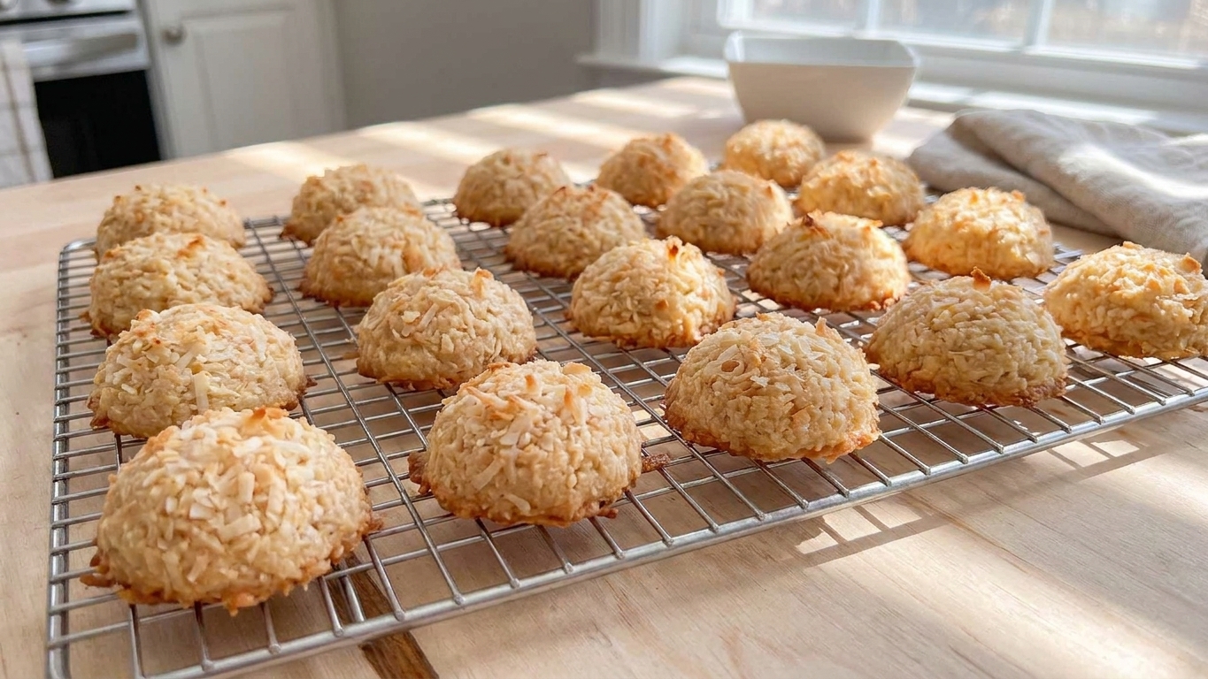 Freshly baked coconut cookies with golden edges resting on a wire cooling rack in a bright home kitchen