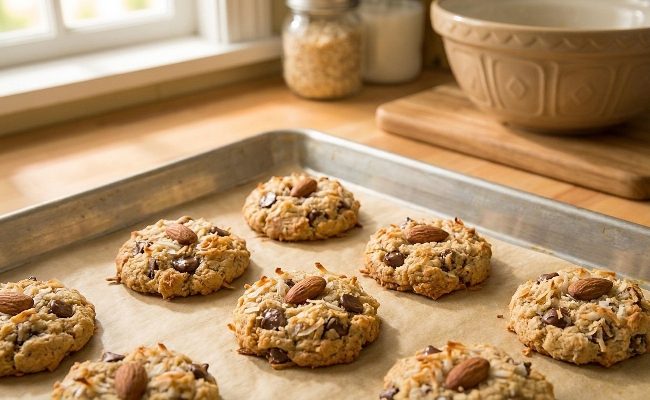 Freshly baked coconut cookies with melted chocolate pockets and whole almonds on top cooling on a parchment-lined baking sheet in a home kitchen