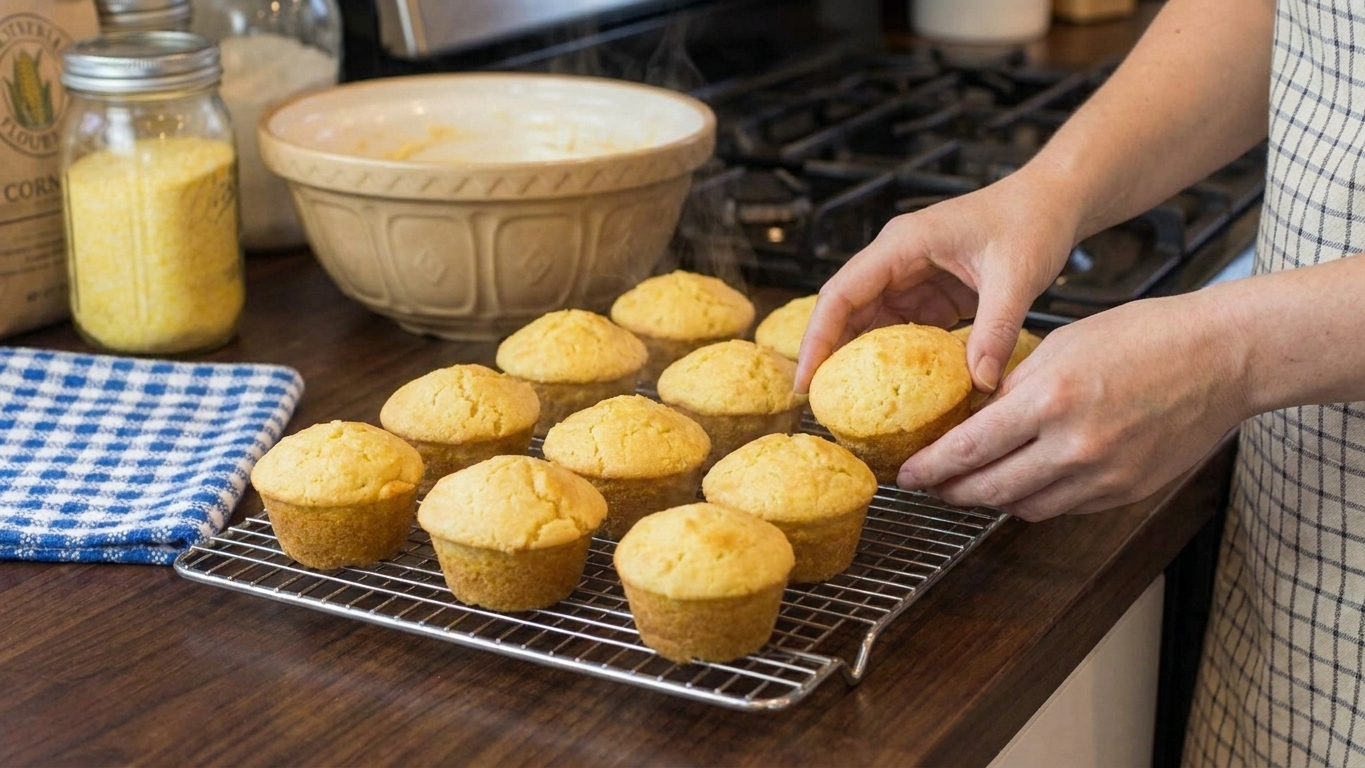 Freshly baked corn muffins cooling on a wire rack in a warm, softly lit kitchen