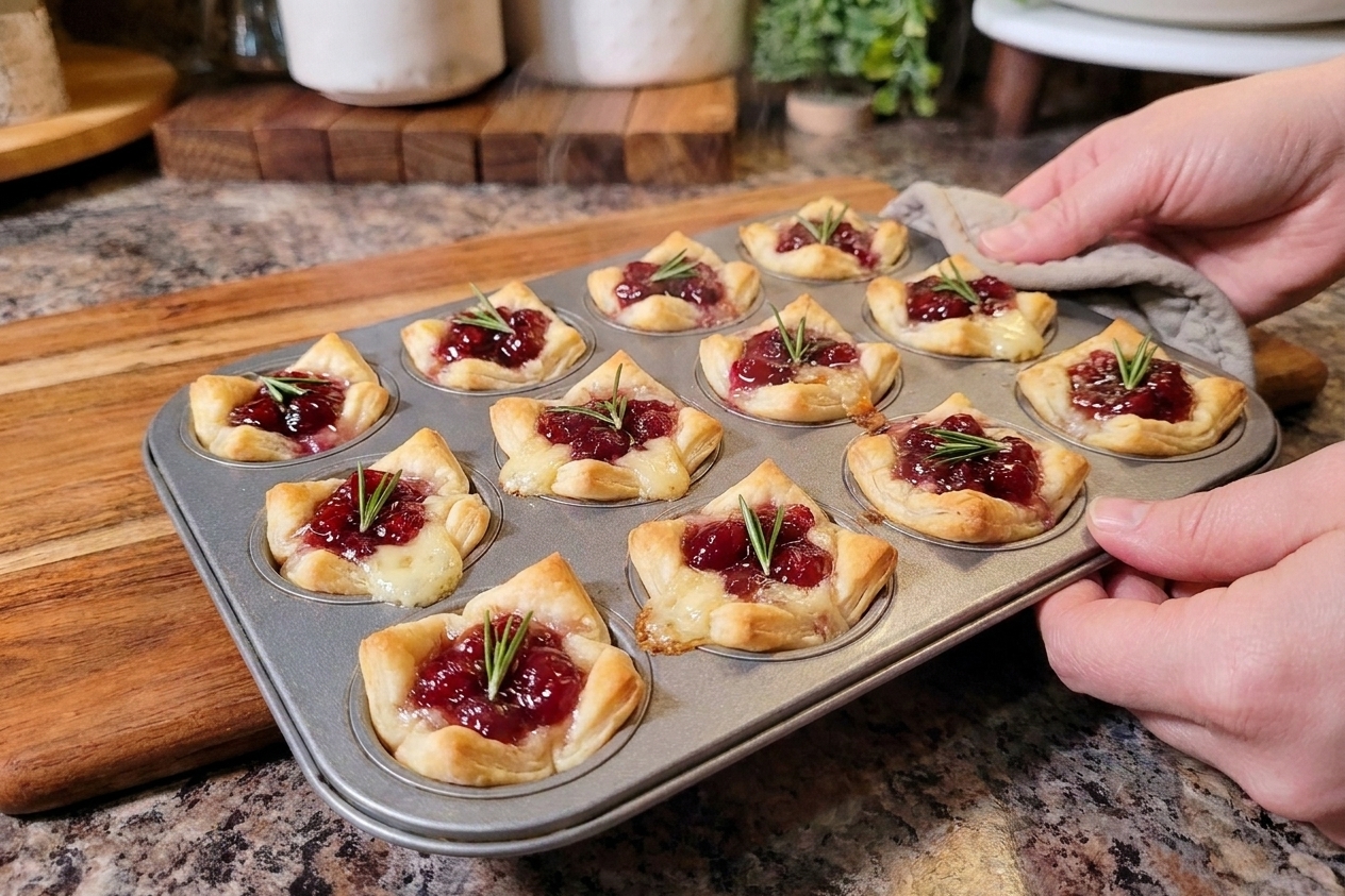 Freshly baked cranberry brie bites in a mini muffin pan with puffed golden pastry and bubbling brie under cranberry topping