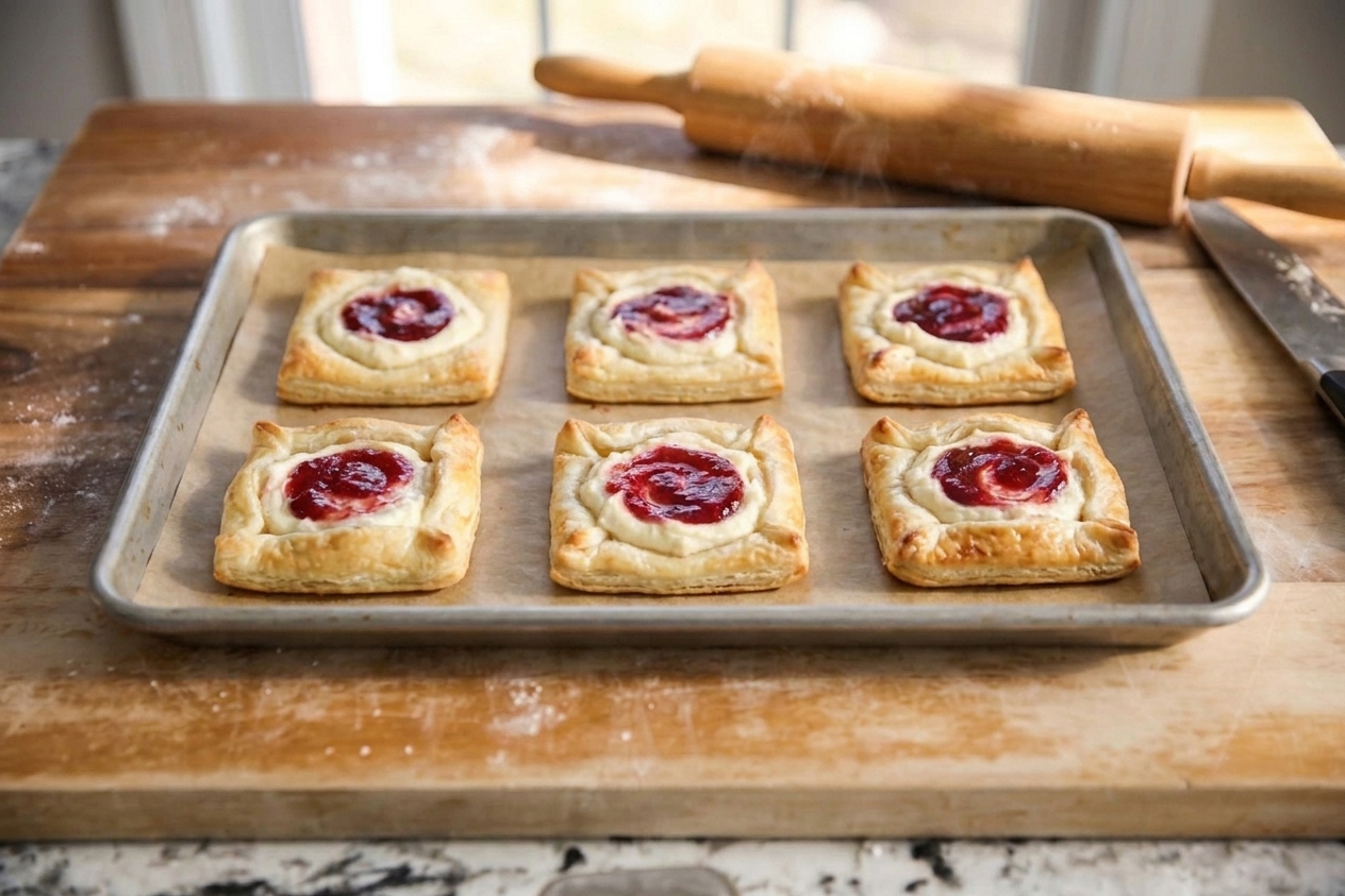 Freshly baked cream cheese danishes on a sheet pan, puffed and golden with set centers and lightly browned edges