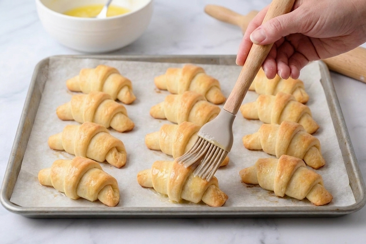 Freshly baked crescent rolls on a sheet pan being brushed with melted butter while still warm