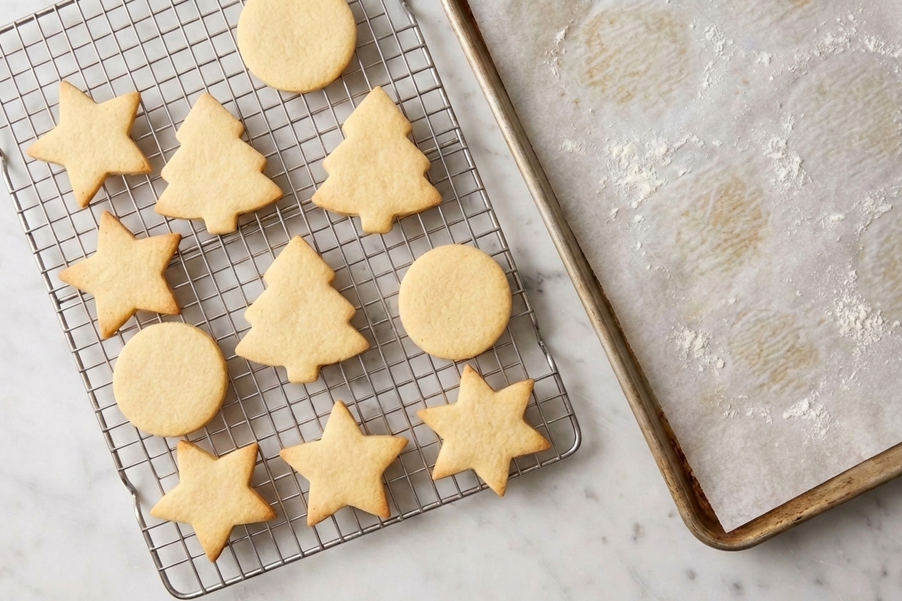 Freshly baked cut-out sugar cookies with lightly golden edges cooling on a wire rack on a kitchen counter