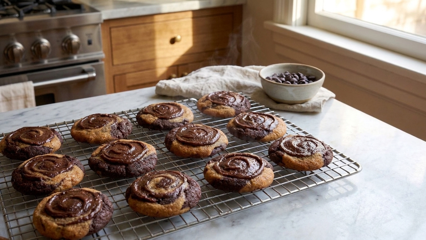 Freshly baked dark chocolate cookies with cocoa swirls cooling on a wire rack in a warm home kitchen