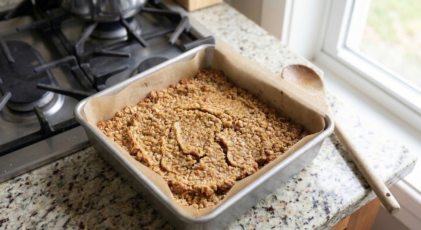 Freshly baked date bars in an 8x8 pan with a golden oat crumble topping, cooling on a kitchen counter