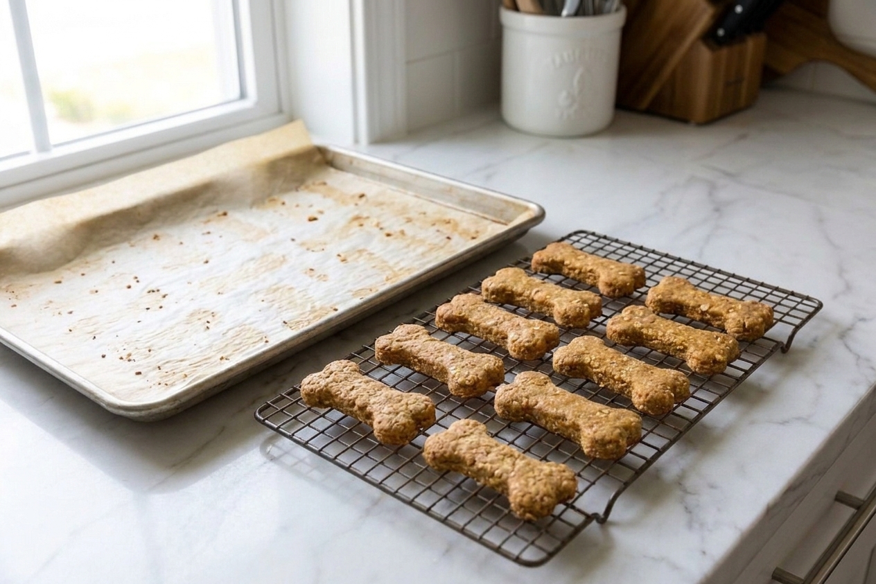 Freshly baked dog biscuits cooling on a wire rack beside a baking sheet on a kitchen counter