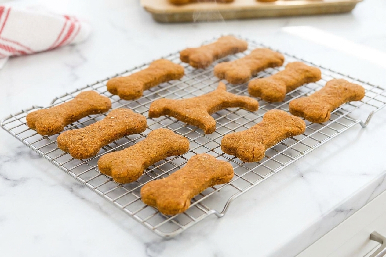 Freshly baked dog cookies cooling on a wire rack on a kitchen counter
