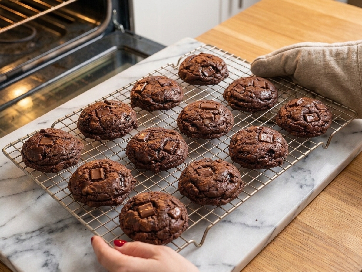 Freshly baked double chocolate chip cookies cooling on a wire rack with melted chocolate visible on top