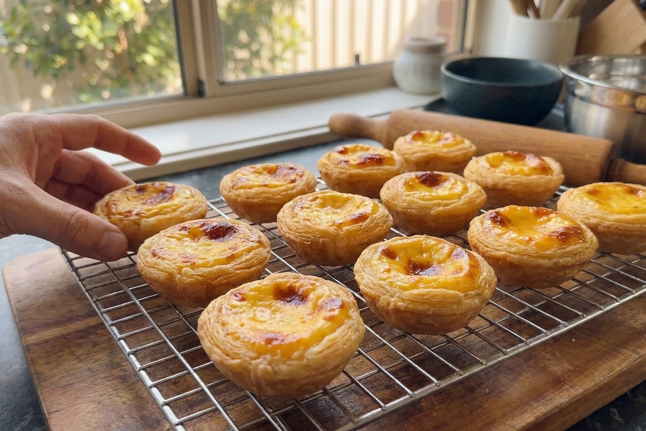 Freshly baked egg tarts cooling on a wire rack with golden tops
