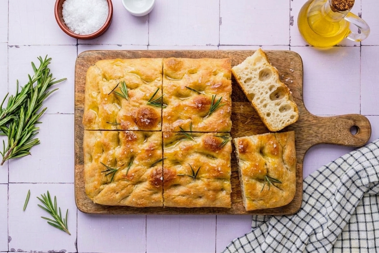 Freshly baked focaccia cut into squares on a wooden cutting board, showing an airy crumb and golden crust