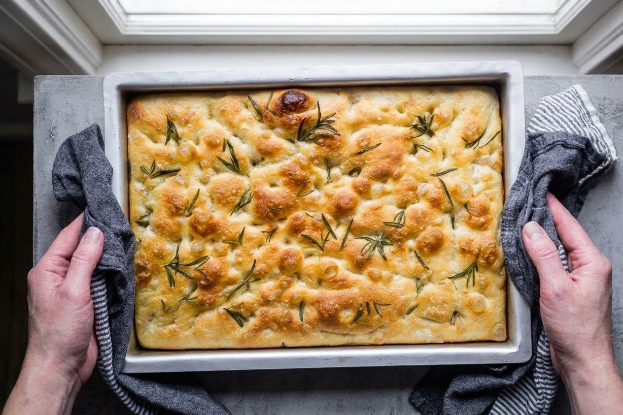 Freshly baked focaccia in a metal pan with a golden top, visible rosemary, and crisp browned edges