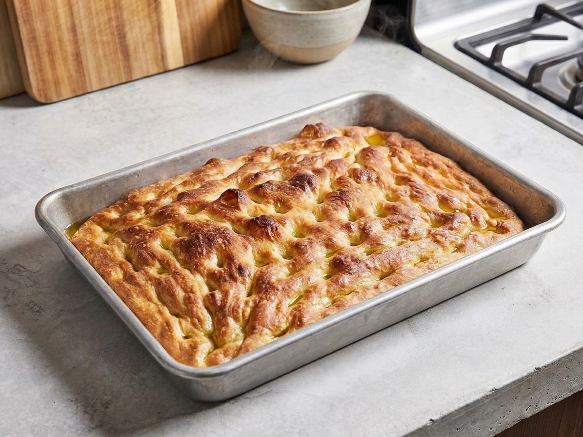 Freshly baked focaccia with a golden crust and crisp edges still in the baking pan, resting on a stovetop