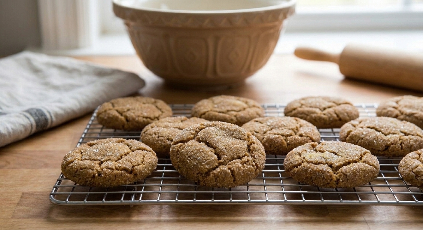 Freshly baked ginger molasses cookies with crackly tops cooling on a wire rack in a warm kitchen