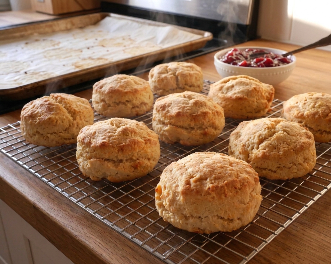 Freshly baked gluten free biscuits cooling on a wire rack on a kitchen counter with a baking sheet nearby