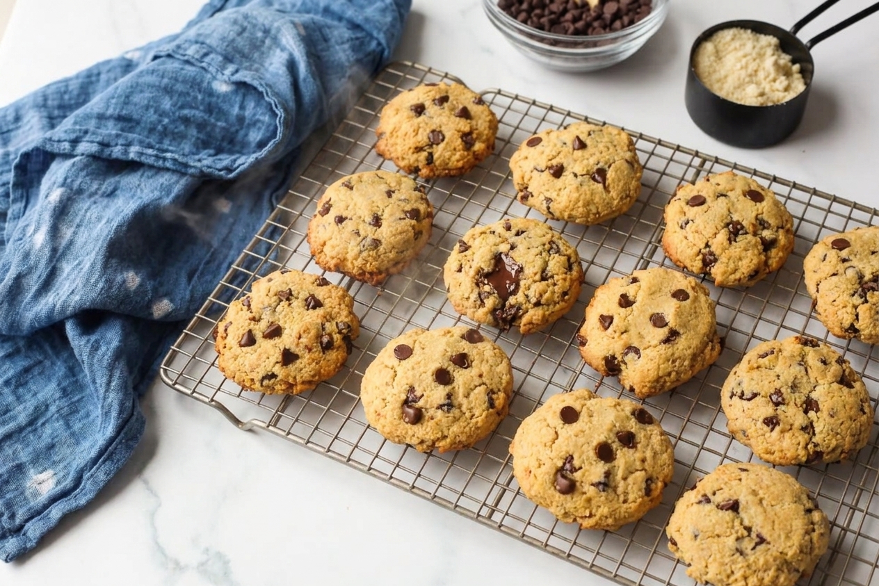 Freshly baked gluten-free chocolate chip cookies cooling on a wire rack with melted chocolate chips visible