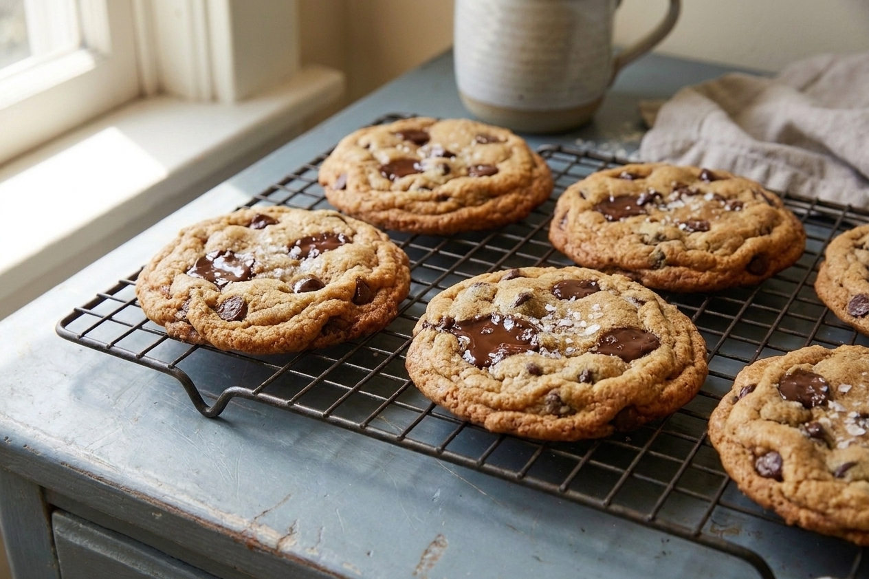 Freshly baked gluten free chocolate chip cookies cooling on a wire rack with melted chocolate pools and golden edges
