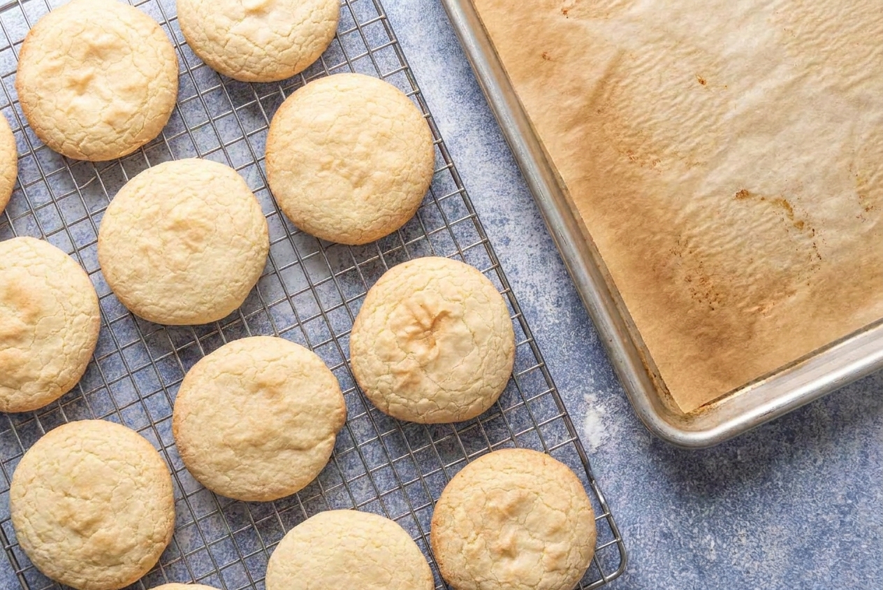Freshly baked gluten free sugar cookies cooling on a wire rack on a kitchen counter with a parchment-lined sheet pan nearby