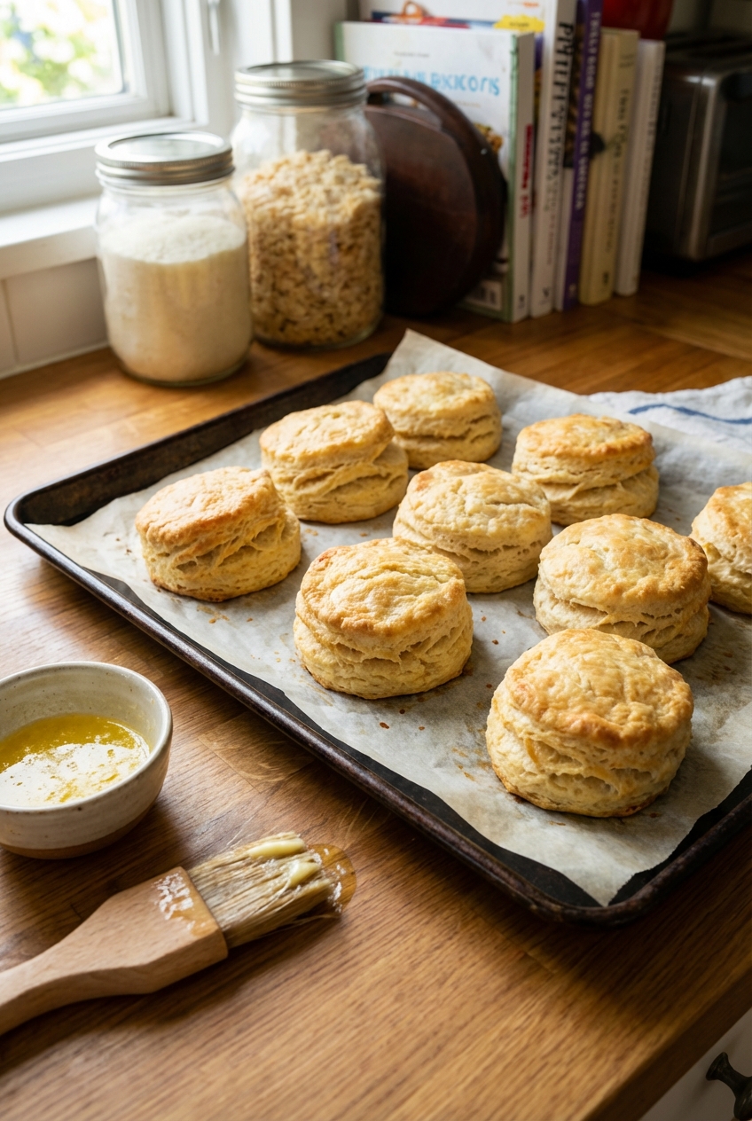 Freshly baked golden biscuits on a parchment-lined baking sheet with a pastry brush and melted butter nearby