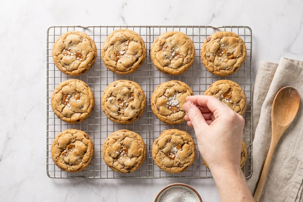 Freshly baked golden cookies cooling on a wire rack with small toffee pieces visible on top
