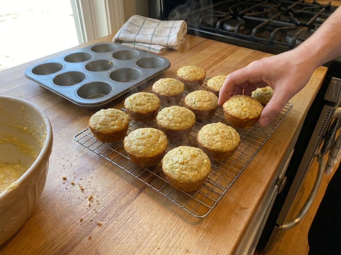 Freshly baked golden corn muffins cooling on a wire rack in a home kitchen
