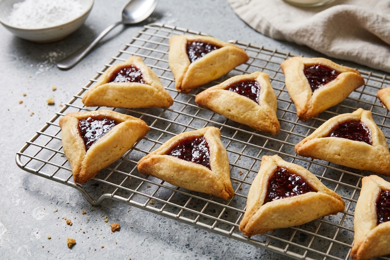Freshly baked golden hamantaschen cookies cooling on a wire rack with a few jam centers slightly glossy