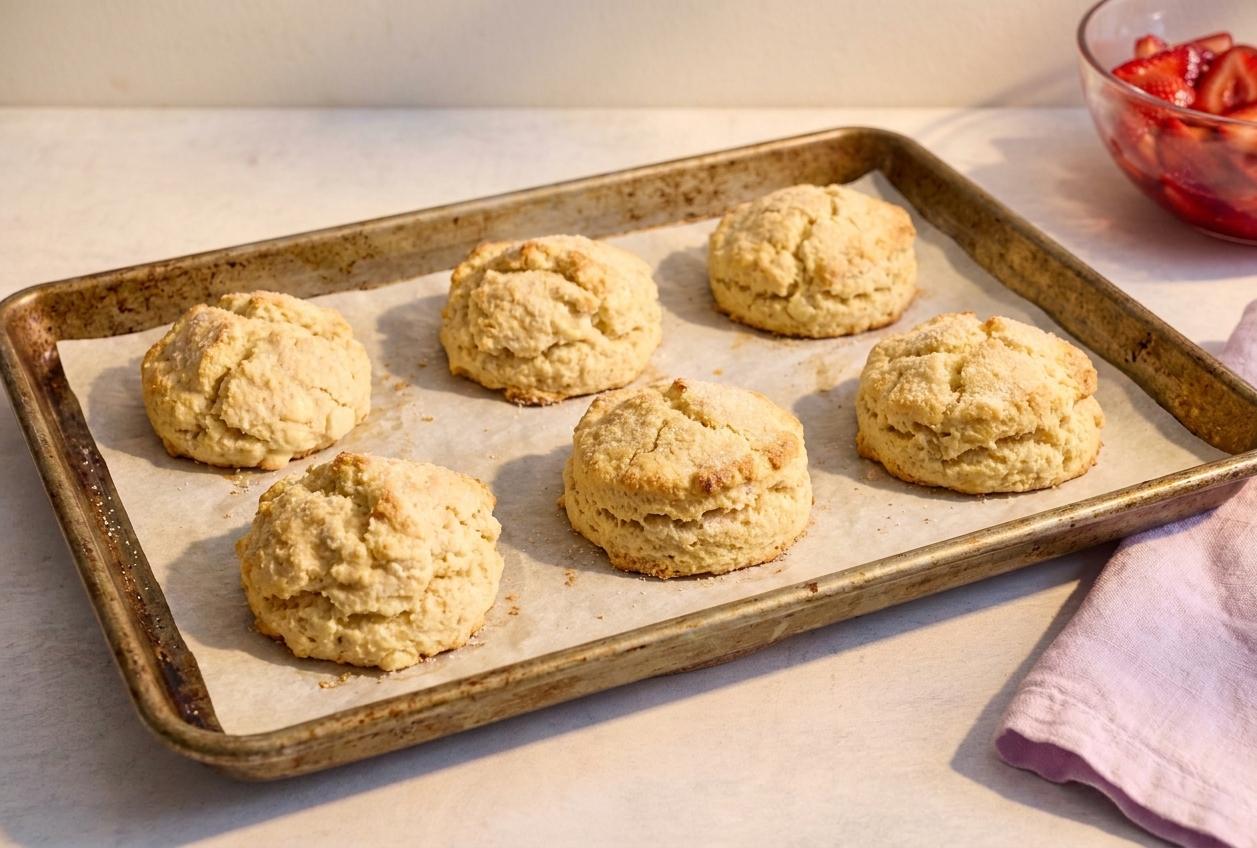 Freshly baked golden shortcake biscuits on a parchment-lined baking sheet on a kitchen counter