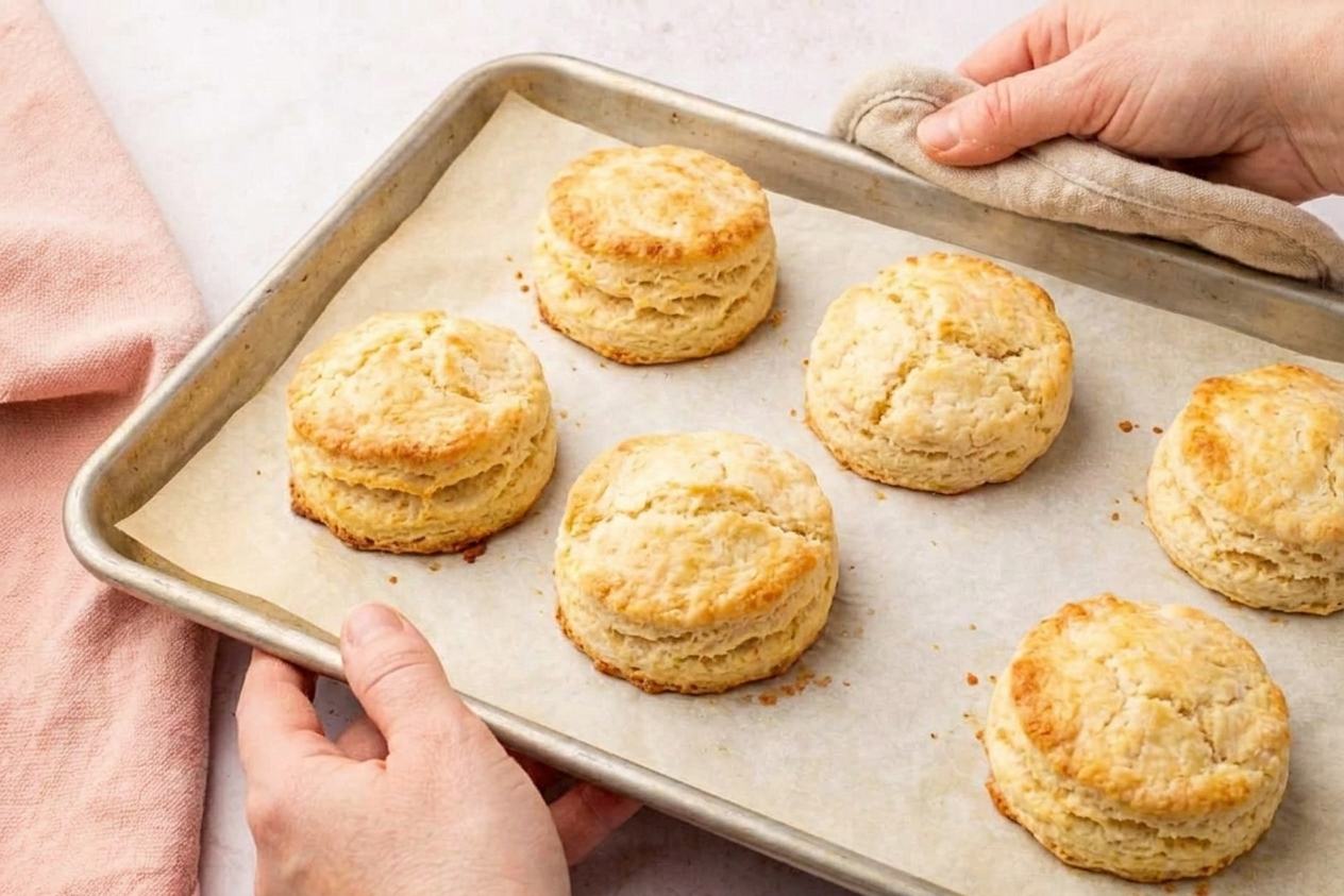 Freshly baked golden shortcake biscuits on a parchment-lined baking sheet with crisp edges and lightly browned tops