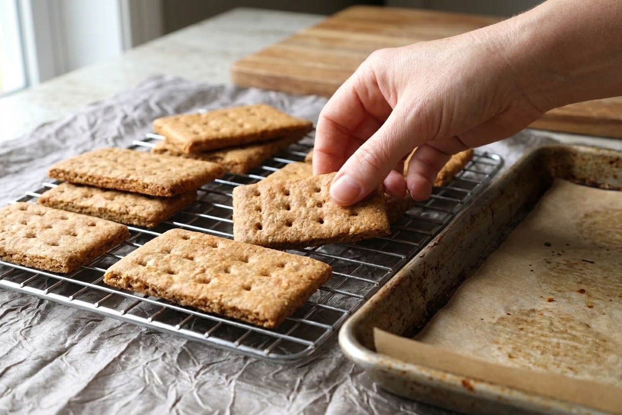 Freshly baked graham wafers cooling on a wire rack on a kitchen counter with a baking sheet nearby