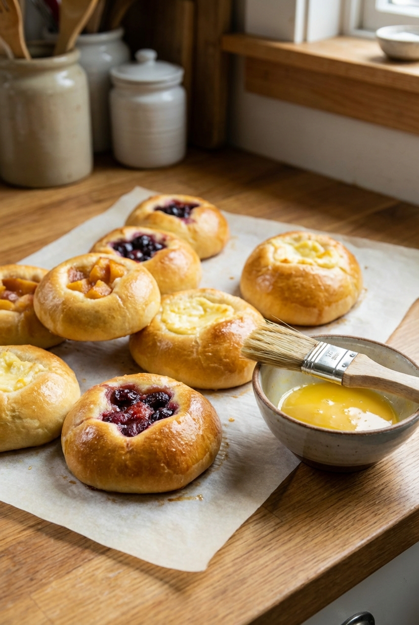 Freshly baked healthy kolaches on parchment paper with a pastry brush and a small bowl of egg wash on the counter
