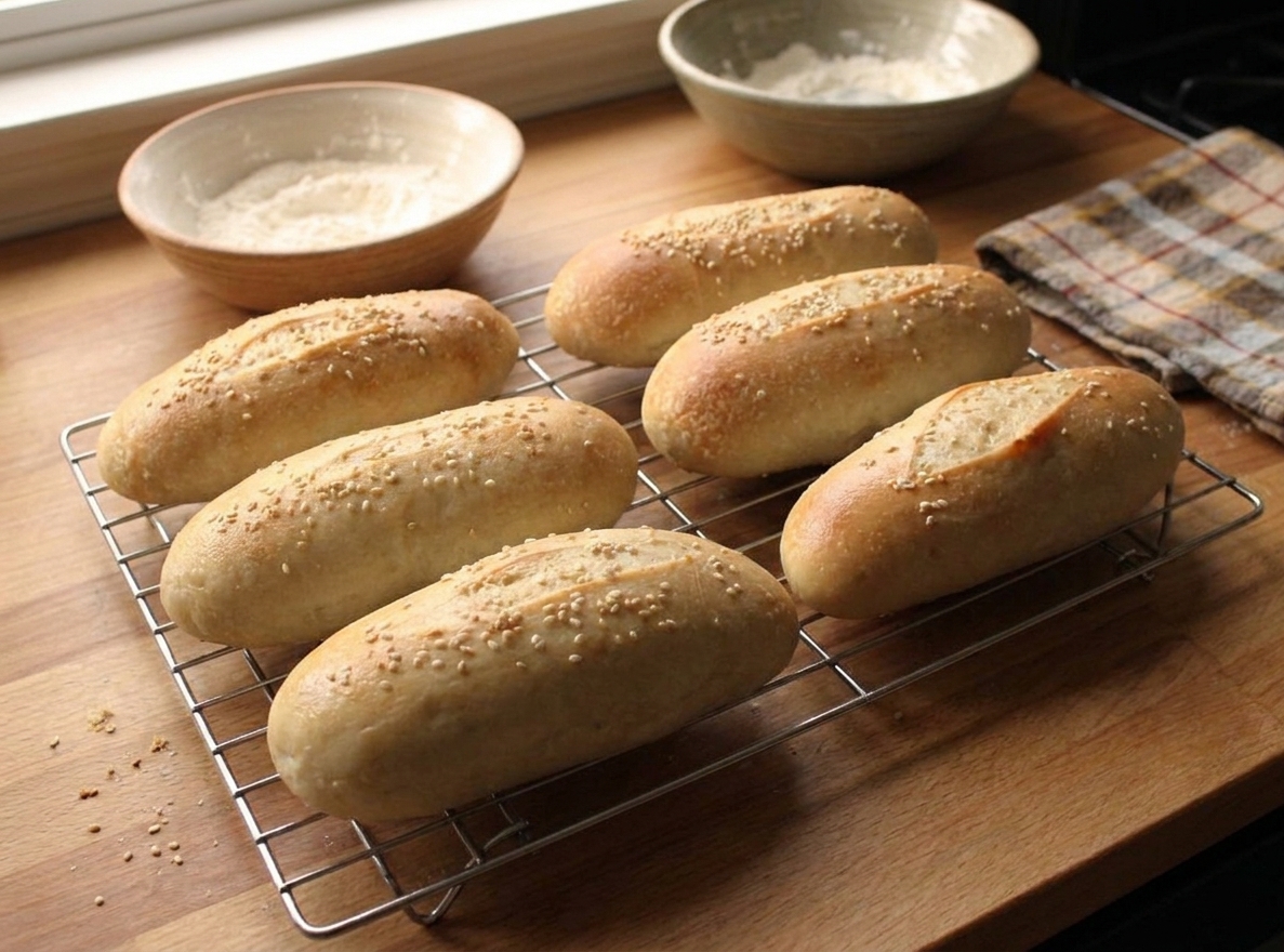 Freshly baked hoagie rolls cooling on a wire rack on a wooden kitchen counter under soft natural light